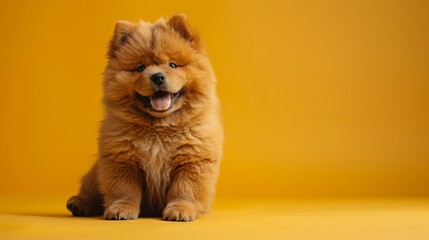 Fluffy chow chow puppy sitting on a yellow background, studio shot. Cute pet portrait concept