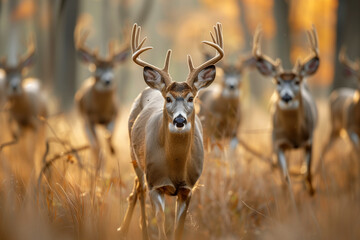 close-up photo capturing the head and antlers of a majestic white-tailed deer in motion. The deer is walking through tall grasses, with other buck deer running behind it. The backg