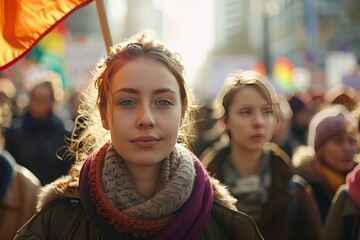 Young woman holding an orange flag stands amidst a crowd. Feminist