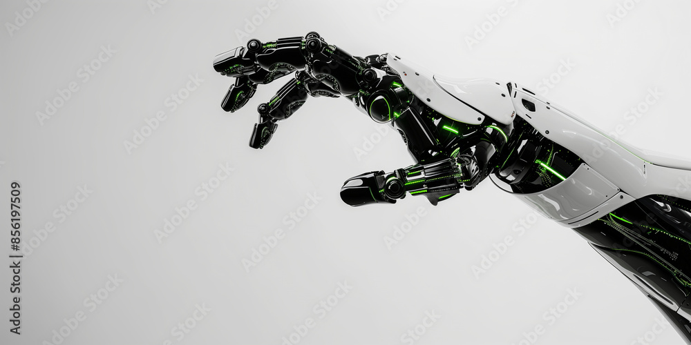 Wall mural black and white robotic hand with green details extending to the right side. The background is a plain white, creating a stark contrast that draws attention to the sophisticated me