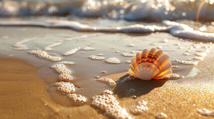 A shell is laying on the sand at the beach