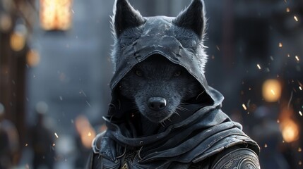 Anthropomorphic black wolf wearing a hood in a fantasy setting, with embers flying in the air