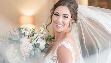 Naklejka premium A beautiful bride in her wedding dress, holding flowers and smiling at the camera