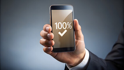 Hand holding Phone with 100 Percent sign on the screen, minimalism, copy space