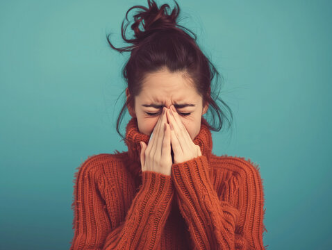 A woman sneezing, her face in her hands