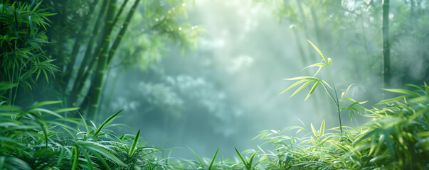 Abstract background of sunrise in foggy bamboo forest. Banner and wallpaper concept.