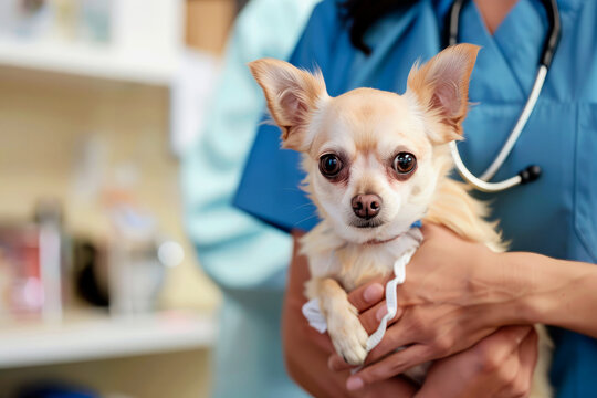 A sick Chihuahua dog in the hands of a veterinarian. Vet clinic.