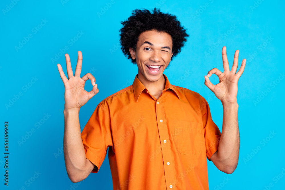 Canvas Prints Photo of handsome good mood guy wear orange shirt blink eye showing two okey gestures emtpy space isolated blue color background