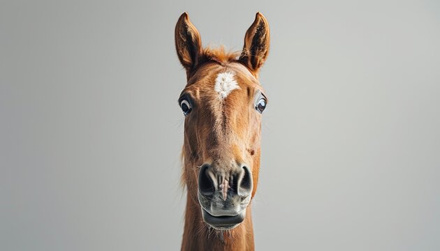 Surprised equine  studio portrait of a shocked horse with wide eyed astonishment