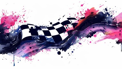 Surreal pop art racing flag with metallic textures on colorful blurry background