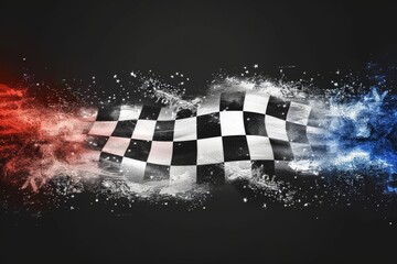 Pop art checkered racing flag on stylish metallic red, white, and blue background