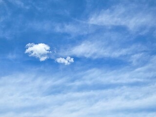 Few fluffy white clouds floating with cirrus clouds in blue sky