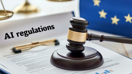 Stack Of Documents Highlighting AI Regulations With Gavel And EU Flag