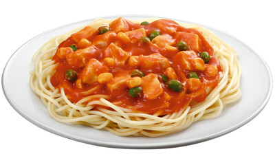 prato com espaguete ao molho de tomates e frango isolado em fundo transparente