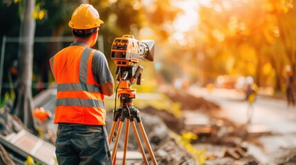 A surveyor builder engineer performs surveying work outdoors using theodolite transit equipment, ensuring accuracy at the construction site