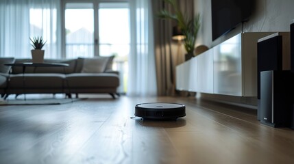 A stylish apartment: A modern autonomous vacuum cleaner works silently, keeping the living room floor spotless and tidy