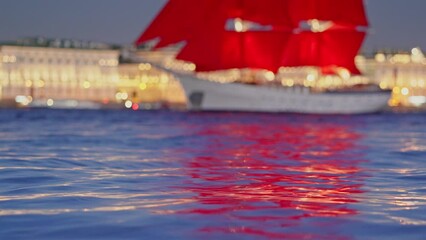 Saint Petersburg, Russia - June 01 2021, 4k, Close-up view of the sailing ship Russia with scarlet sails, in the waters of the Neva River, white nights, St Petersburg, Russia 