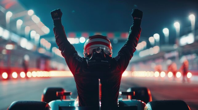 Motorsports champion celebrates victory in victory lane after winning a night race