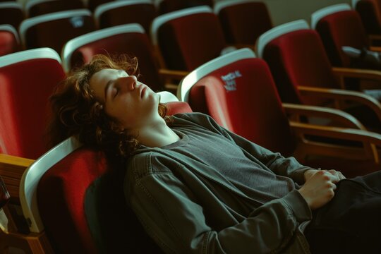Tired young male student guy sleeping in lecture audience
