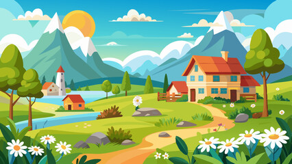 Panorama village landscape featuring meadow, house, trees, clear sky, mountains, and sunny weather