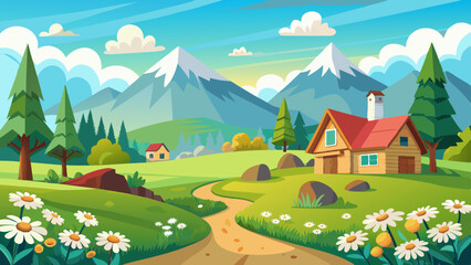 Fototapeta premium Panorama village landscape featuring meadow, house, trees, clear sky, mountains, and sunny weather