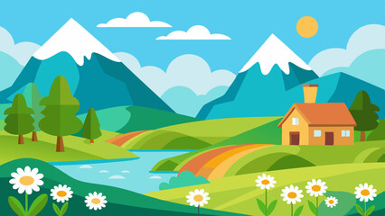 Naklejka premium Panorama village landscape featuring meadow, house, trees, clear sky, mountains, and sunny weather