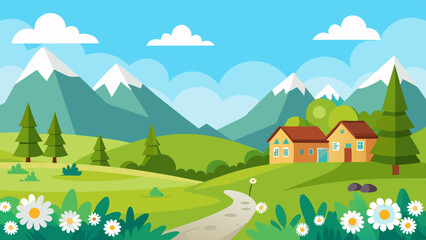 Panorama village landscape featuring meadow, house, trees, clear sky, mountains, and sunny weather