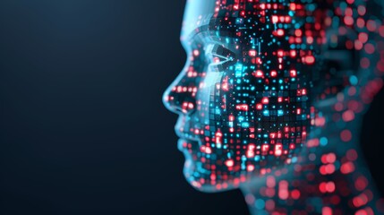 Obraz premium Abstract digital human head with glowing circuit board integrated, data flow background, representing AI concept for futuristic technology in cyberspace