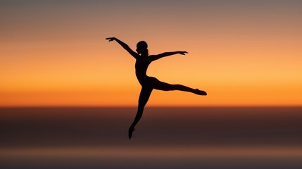 Acrobat in silhouette performing a flawless pose, suspended in mid-air with a serene dusk sky behind, showcasing agility and grace in perfect harmony