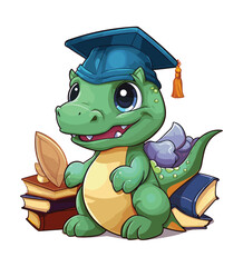 Vector cute trex dinosaur wearing a graduation hat and a lot of book illustrations with AI © Hiron