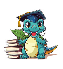 Vector cute trex dinosaur wearing a graduation hat and a lot of book illustrations with AI © Hiron