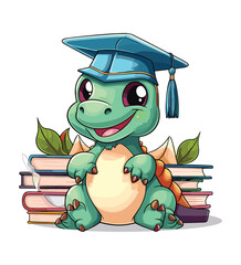Vector cute trex dinosaur wearing a graduation hat and a lot of book illustrations with AI © Hiron