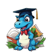 Vector cute trex dinosaur wearing a graduation hat and a lot of book illustrations with AI © Hiron