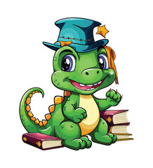 Vector cute trex dinosaur wearing a graduation hat and a lot of book illustrations with AI