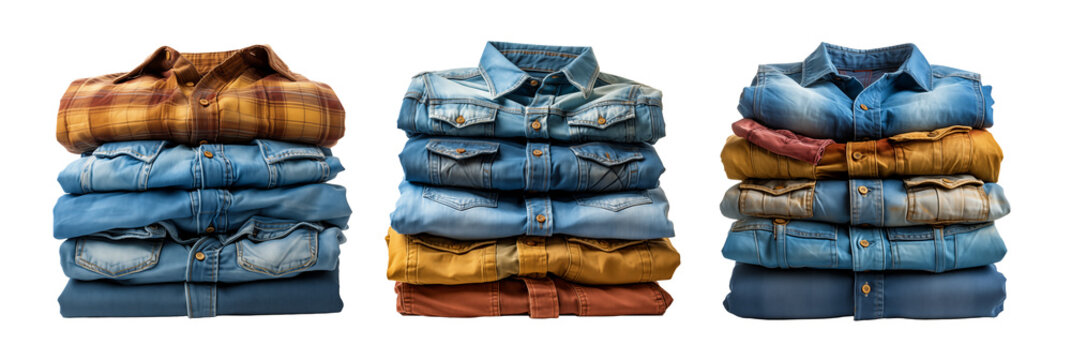 Pila de ropa vaquera limpia de diferentes colores apiladas aisladas sobre fondo transparente.
Servicio de lavander&iacute;a y tareas del hogar. Tienda de ropa.