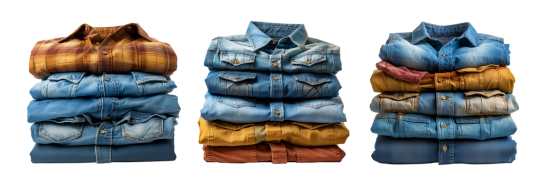 Pila de ropa vaquera limpia de diferentes colores apiladas aisladas sobre fondo transparente.
Servicio de lavandería y tareas del hogar. Tienda de ropa.