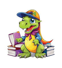 Vector cute trex dinosaur wearing a graduation hat and a lot of book illustrations with AI © Hiron