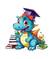 Vector cute trex dinosaur wearing a graduation hat and a lot of book illustrations with AI © Hiron
