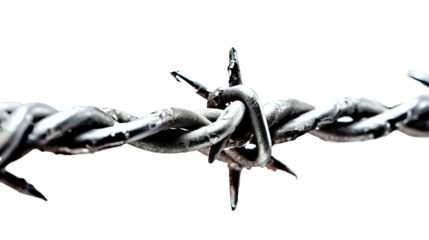  A detailed image of a section of barbed wire isolated against a dark background. The barbs are in sharp focus, reflecting light and casting subtle shadows, symbolizing restriction