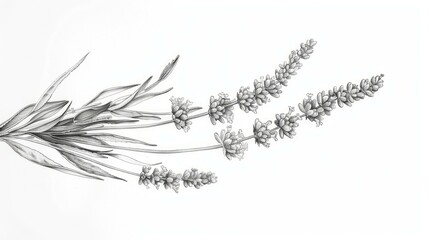 a linear pencil drawing of lavender, white background