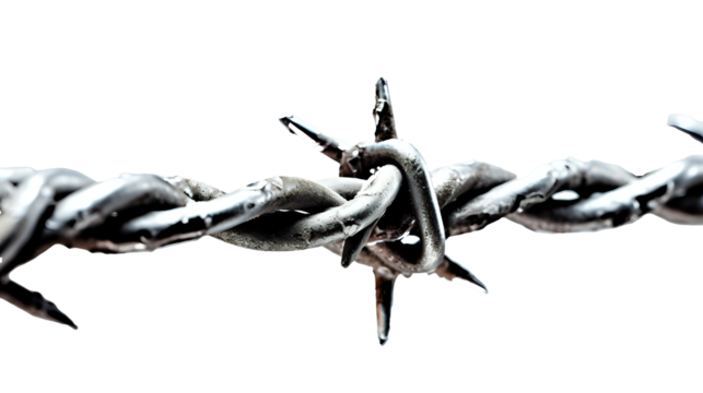  A detailed image of a section of barbed wire isolated against a dark background. The barbs are in sharp focus, reflecting light and casting subtle shadows, symbolizing restriction