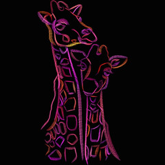 A vibrant, neon-colored abstract embroidery of two giraffes set against a black background. The stylized design features bold lines and geometric shapes, creating a modern, artistic representation.