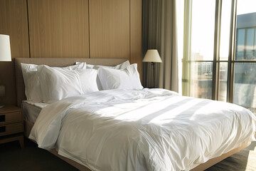modern bed with duvet and pillows in bedroom