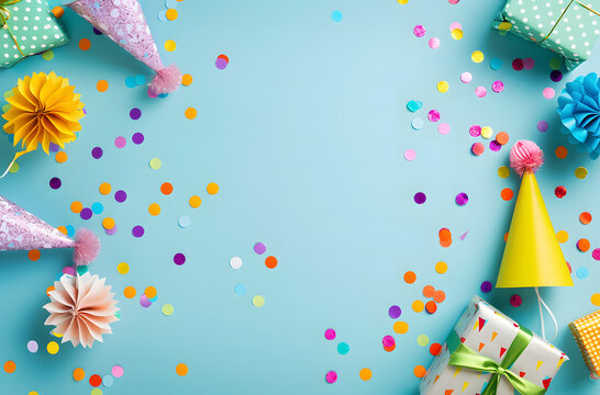 Colorful party decorations on light blue background, birthday gifts and paper hats