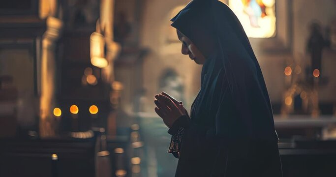 Serene moment of a nun praying in a quaint chapel, capturing faith and peacefulness