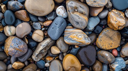 A close-up of smooth, colorful river rocks. The stones are arranged in a random pattern.