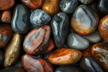 A close-up of smooth, colorful stones with a glossy finish. The stones are arranged in a random pattern and create a beautiful texture.