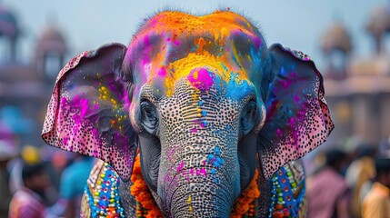 Obraz premium Colorful Elephant Decorated for Holi Festival with Vibrant Powder and Ornaments
