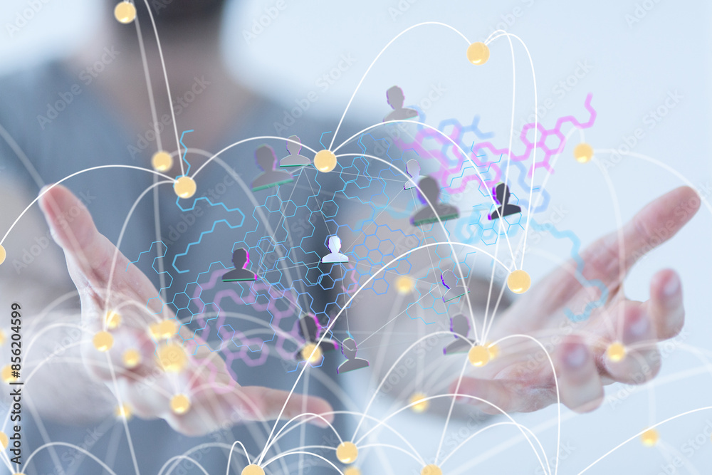 Poster Neural network concept. Connected cells with links.