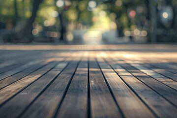 A close-up of wooden planks in a park, with blurred foliage and sunlight in the background.
